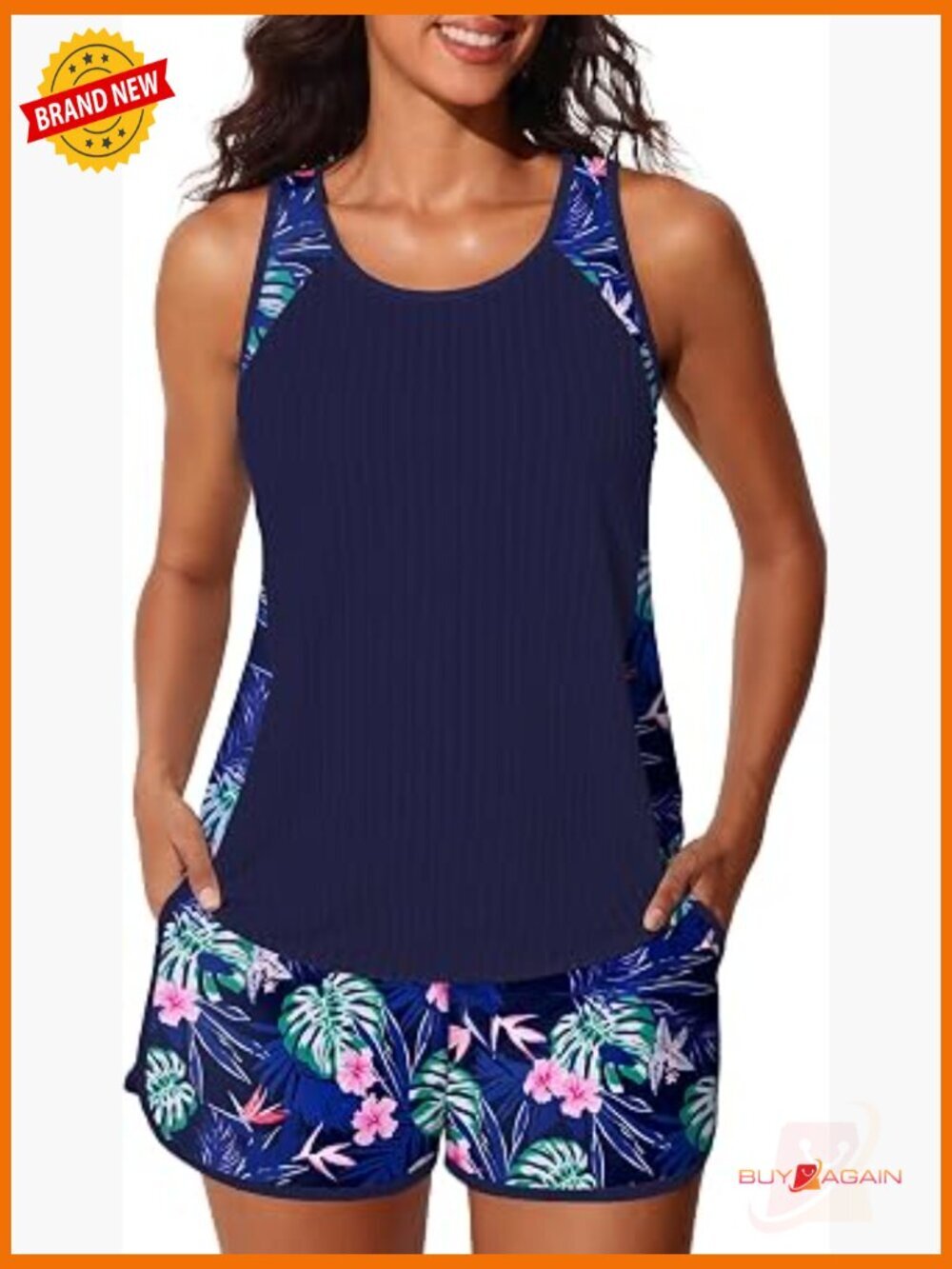 Tankini Swim Set with Tummy Control Swim Shorts Pockets High Waisted